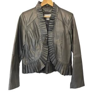 NWOT NEWPORT NEWS Women's Leather Ruffle Bomber Jacket Shine Silver Size 12